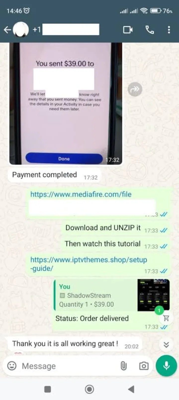 WhatsApp support chat — Pagado y funcionando